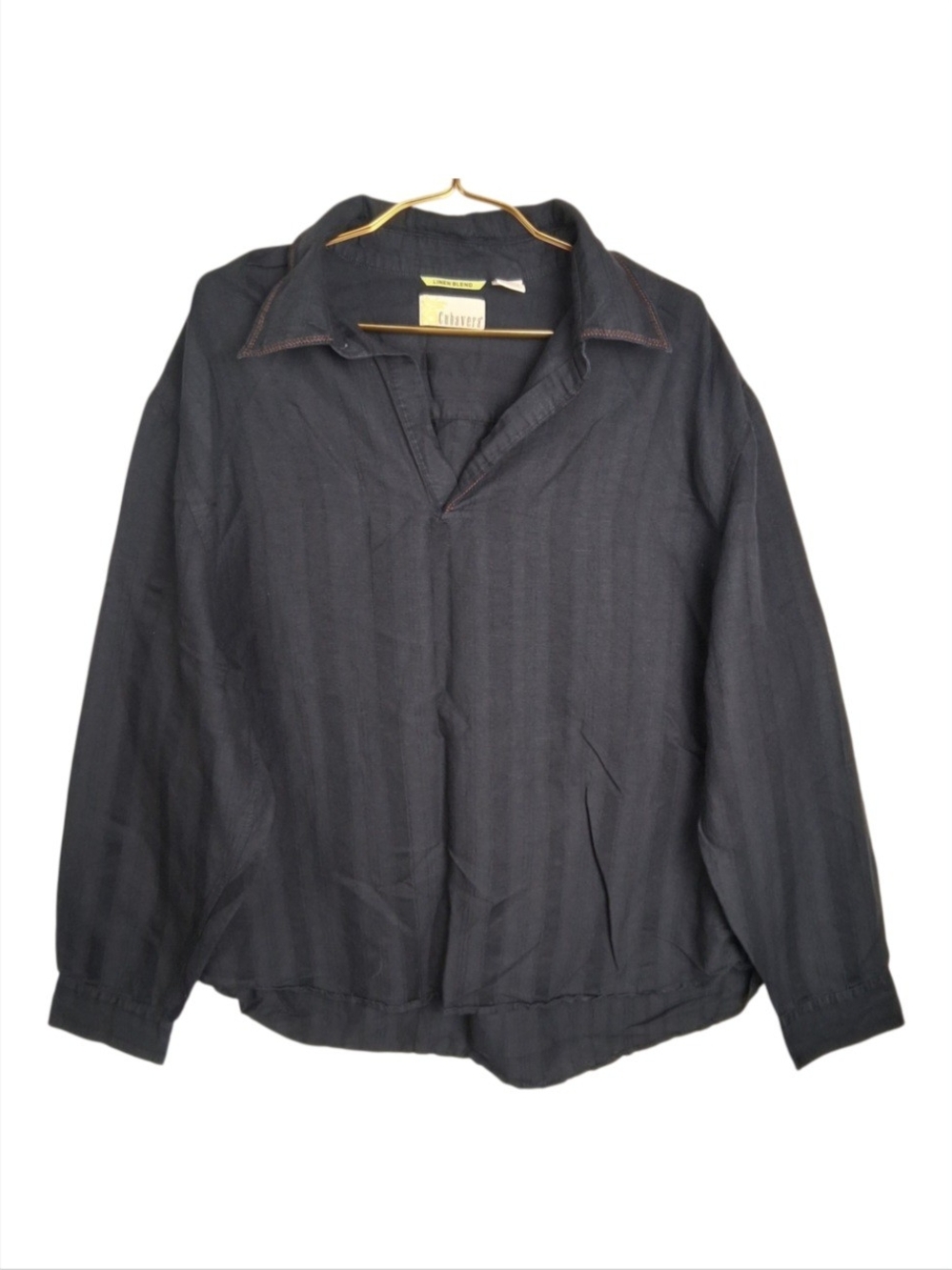 Cubavera Mens XXL Black Pullover Striped V-neck Linen Blend Long Sleeve Shirt